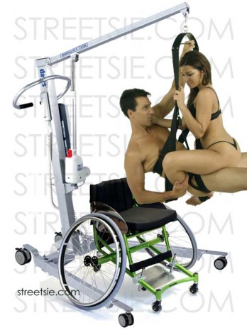 Sexy wheelchair babe shivers in orgasm sitting on her boyfriend in love swing suspended by personal patient hoist