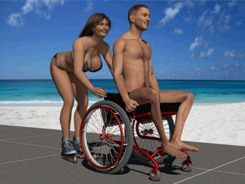 Wheelchair Model Animation of sexy bikini girl jiggle on roller blades pushing guy in flex wheelchair